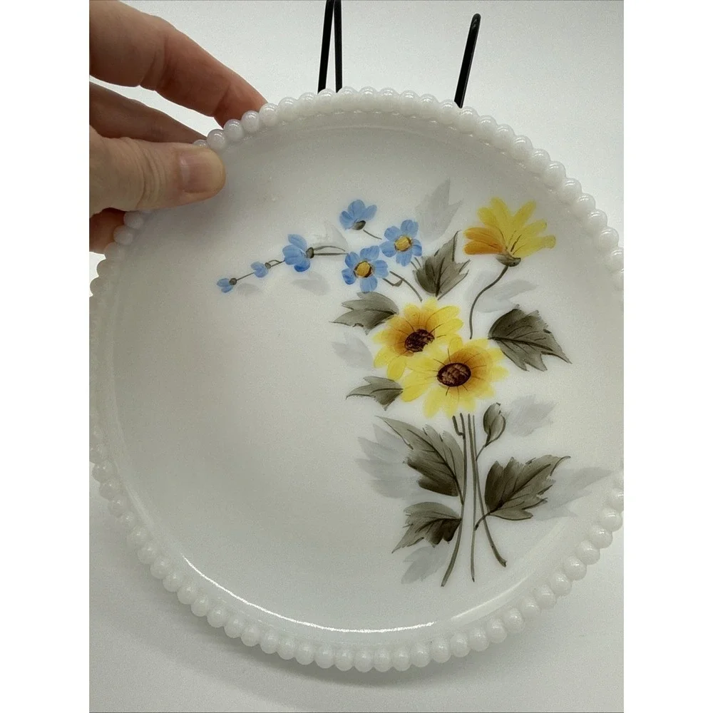 Vintage Westmoreland Beaded Edge White Milk Glass Yellow & Blue Flowers Plate